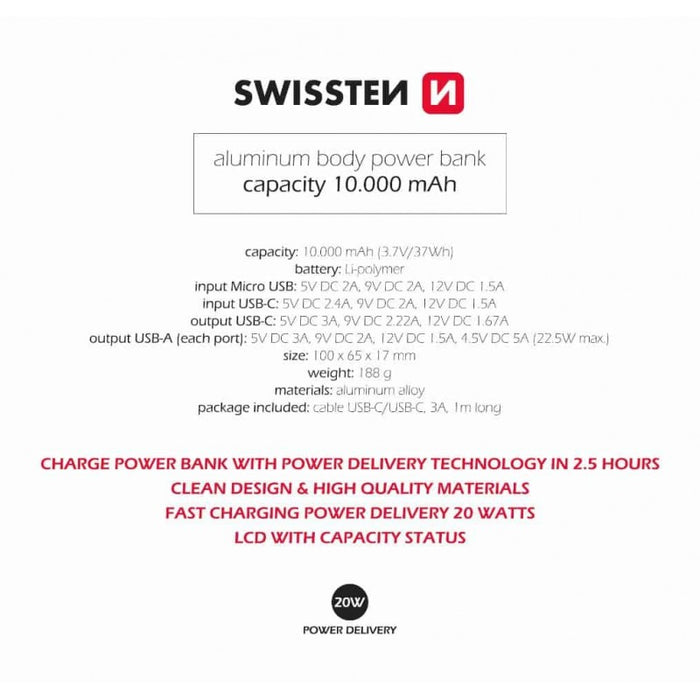 Swissten Aluminum Powerbank 10000mAh (20W)