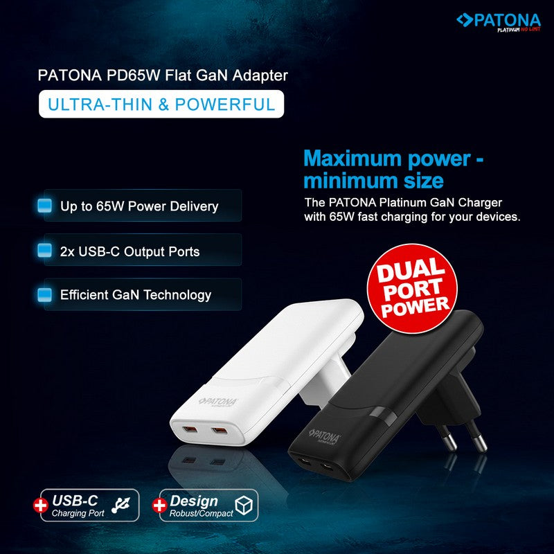 Patona Punjač GaN Premium PD65W Flat 2x USB-C QC3.0