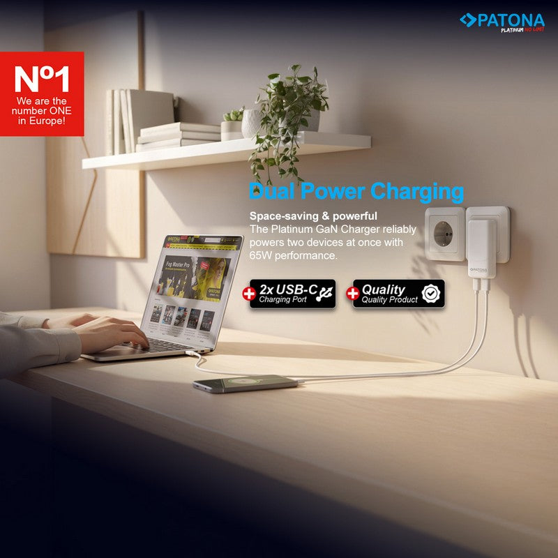 Patona Punjač GaN Premium PD65W Flat 2x USB-C QC3.0