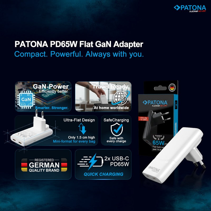 Patona Punjač GaN Premium PD65W Flat 2x USB-C QC3.0