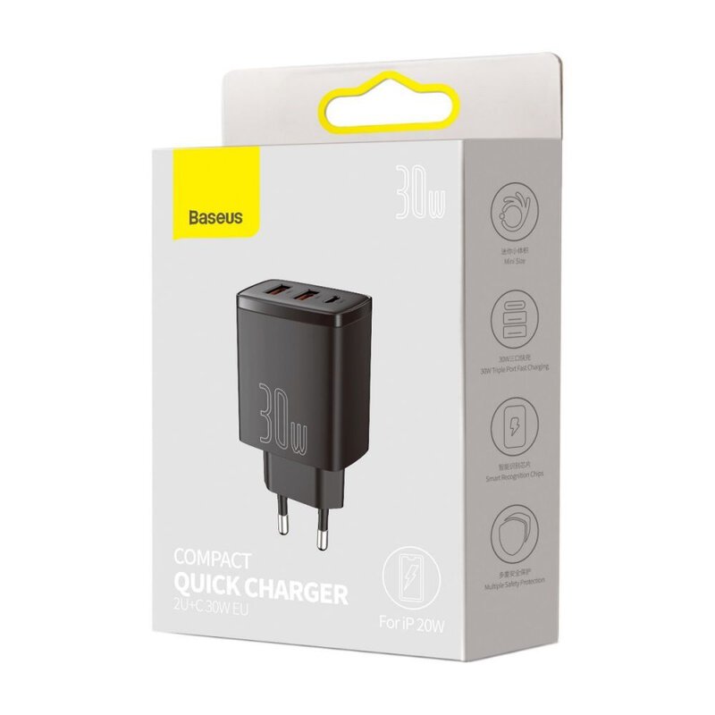 Baseus Punjač Quick 2x USB + USB-C 30W, Crni