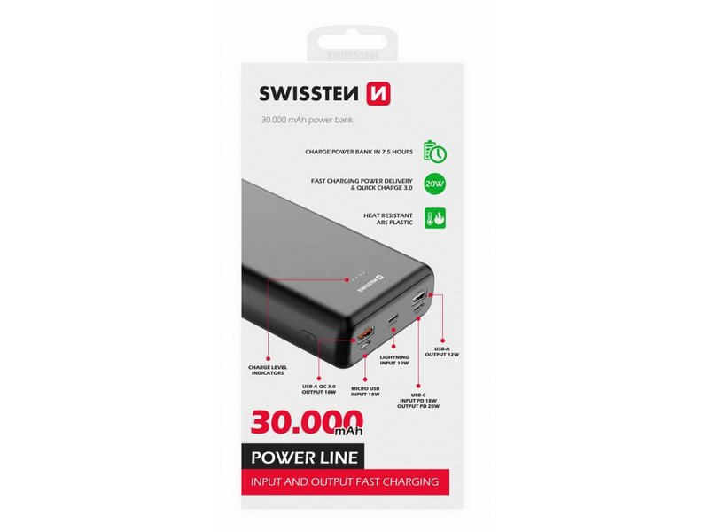Swissten Powerbank 30000mAh, PD & QC, svi utori