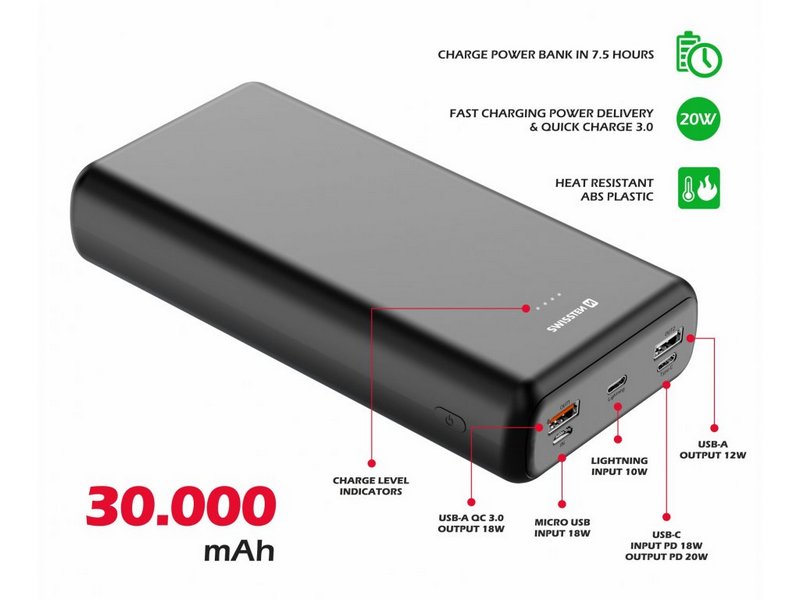 Swissten Powerbank 30000mAh, PD & QC, svi utori