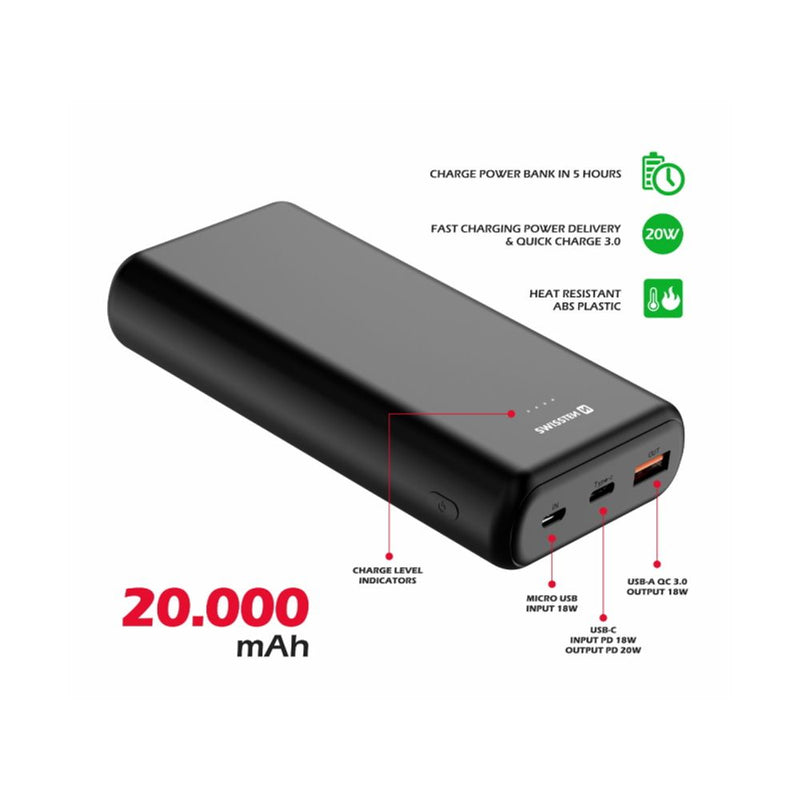 Swissten Powerbank 20000mAh QC 3.0 USB-C, USB-A