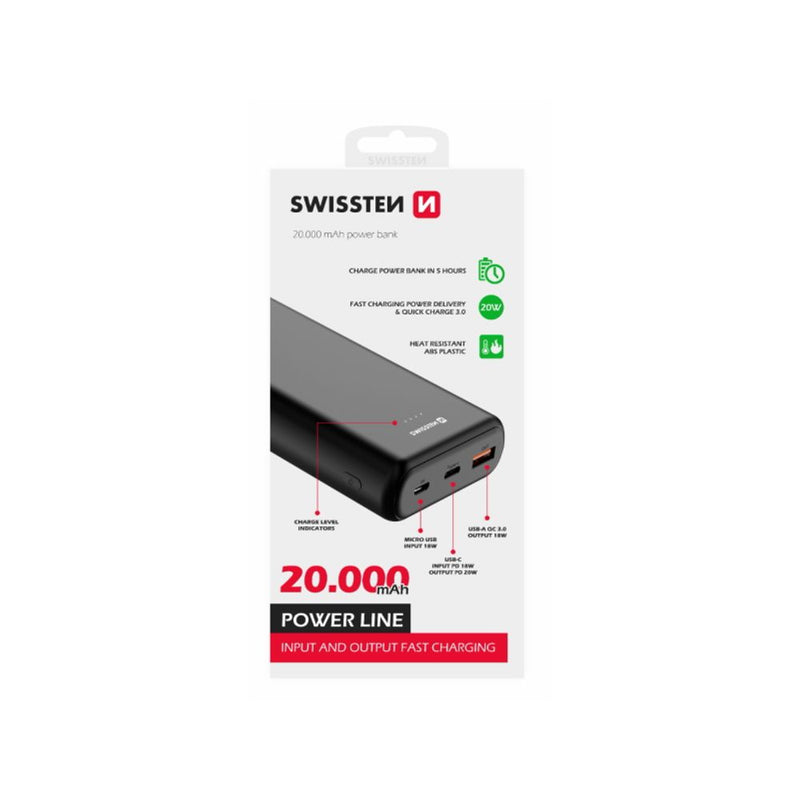Swissten Powerbank 20000mAh QC 3.0 USB-C, USB-A