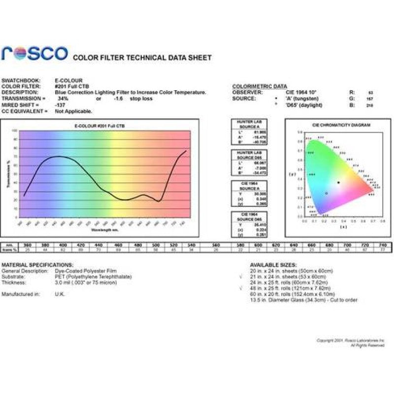 Rosco Filter folija E-Colour #201 Full CT Blue 53x122cm