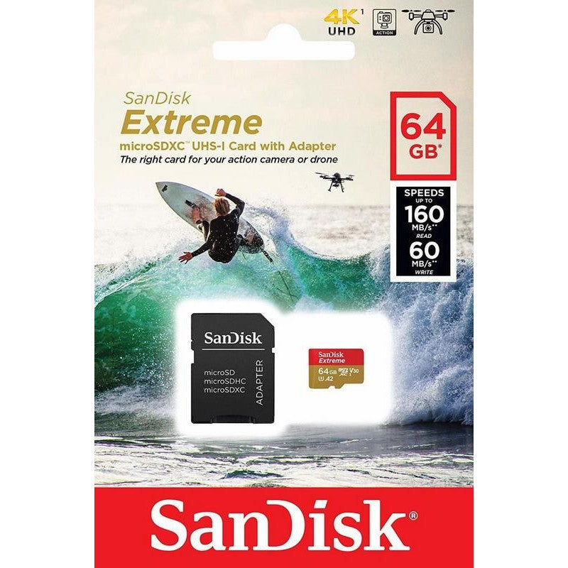 SanDisk microSDXC  64GB Extreme + SD.adapter W80/R170 A2 C10 V30 UHS-I U3  Drone/Action camera